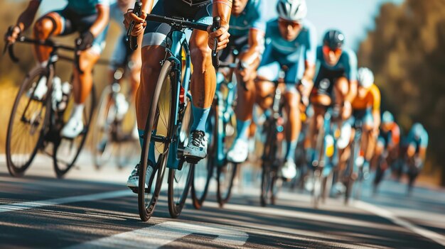 a group of bicyclists are riding down the road one of them is wearing a helmet