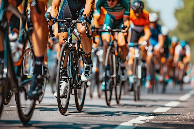 a group of bicyclists are riding down a road with a man wearing a helmet