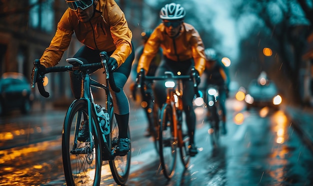 a group of bicyclists are riding their bikes in the rain