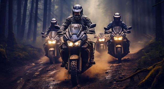 A group of bikers ride through the forest on a dark background.