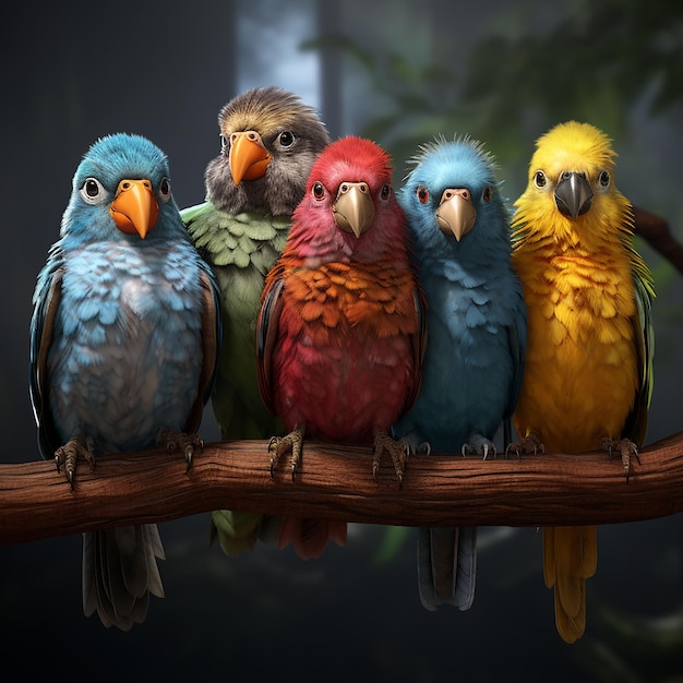 a group of birds are sitting on a branch with one of them has a green and blue tail