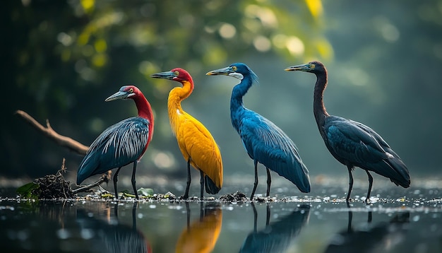 Photo a group of birds are standing on the ground and one is blue and yellow