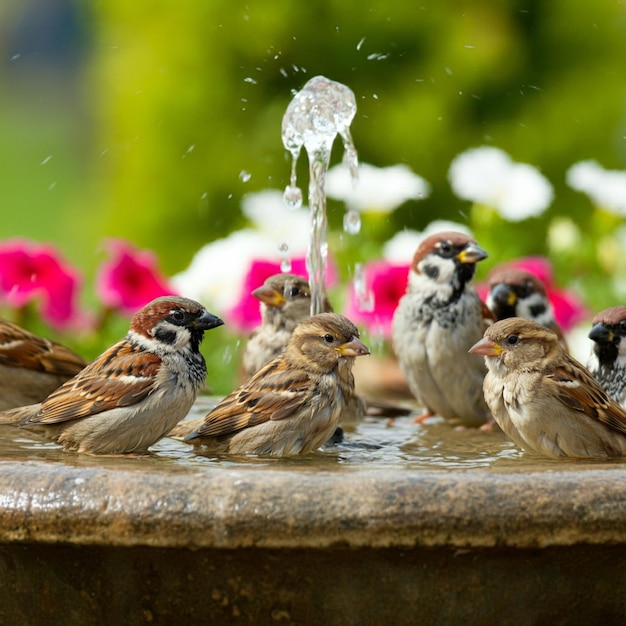 Photo a group of birds drinking from a fountain with a water droplet in the background