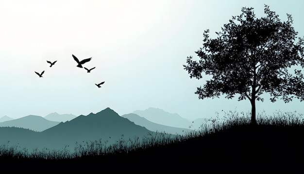 a group of birds flying over a grassy field with mountains in the background