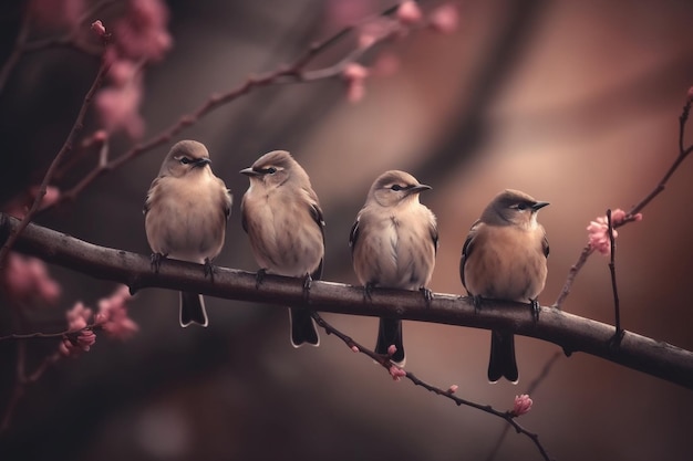 A group of birds sit on a branch with pink flowers in the background.