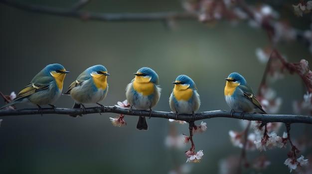 A group of birds sit on a branch with pink flowers in the background.