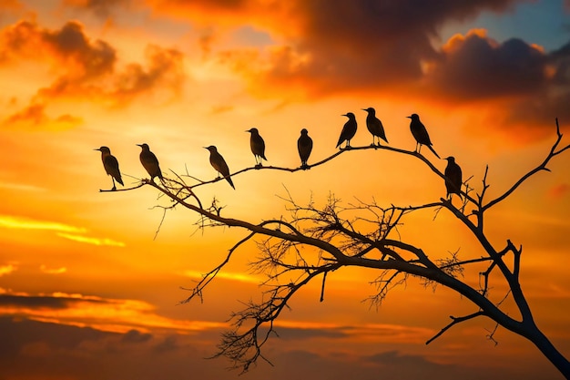 Photo a group of birds sit on a branch with a sunset sky in the background