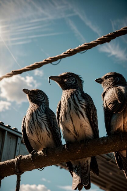 A Group Of Birds Sitting On Top Of A Tree Branch