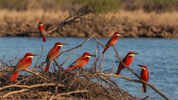 a group of birds that are sitting on some branches