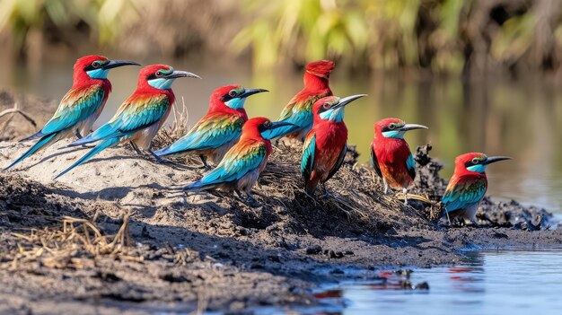 a group of birds that are standing in the dirt