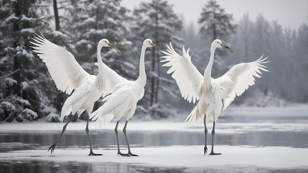 a group of birds that are standing in the snow