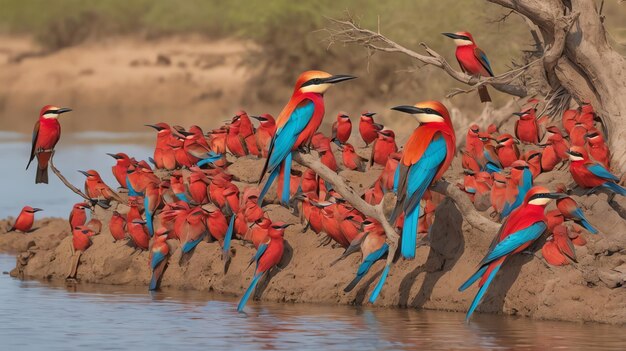 a group of birds with red