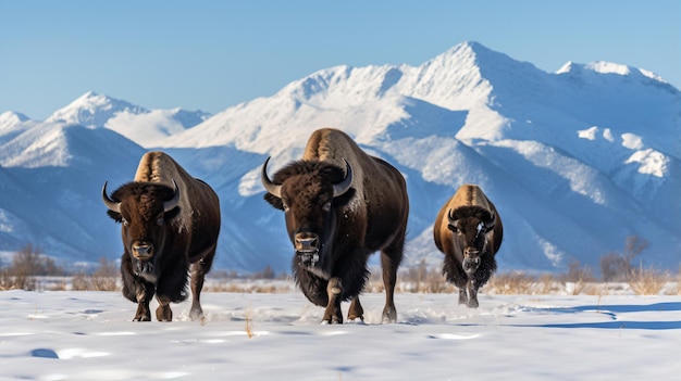 a group of bison walking across a snow covered field