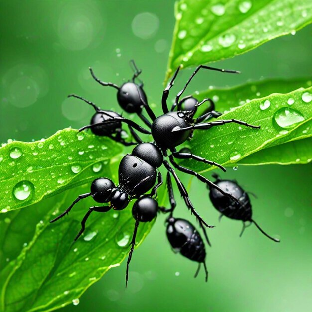 Photo a group of black ants are on a green leaf