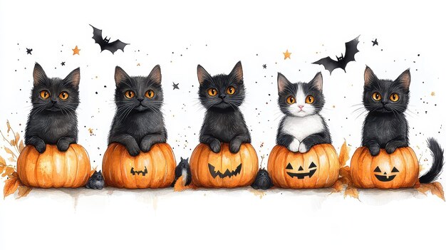 a group of black cats sitting on top of pumpkins