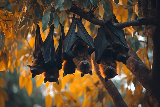 Photo a group of black flyingfoxes hanging upside down from a tree