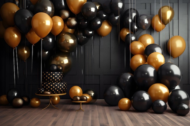 Group of Black and golden balloons with surprise gift inside empty black interior room