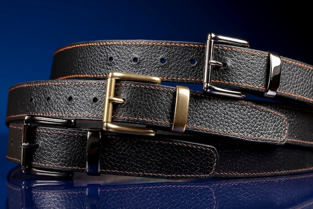 Group of black leather belts on a blue background