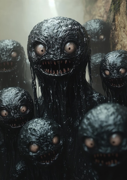 Photo a group of black monsters with eyes and mouths