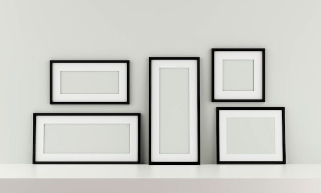 Group of black picture frame on the wall. 3d render.