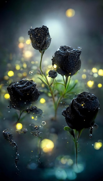 Group of black roses sitting on top of a lush green field generative ai