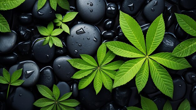 a group of black stones with green leaves