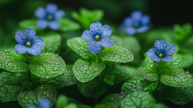 A group of blue flowers with dew drops on them The flowers are surrounded by green leaves