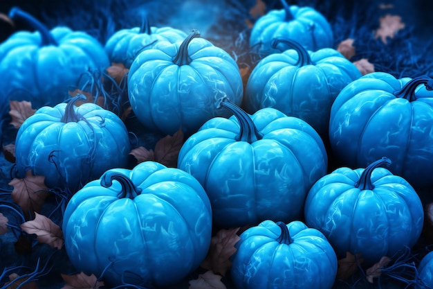 A group of blue pumpkins with autumn leaves