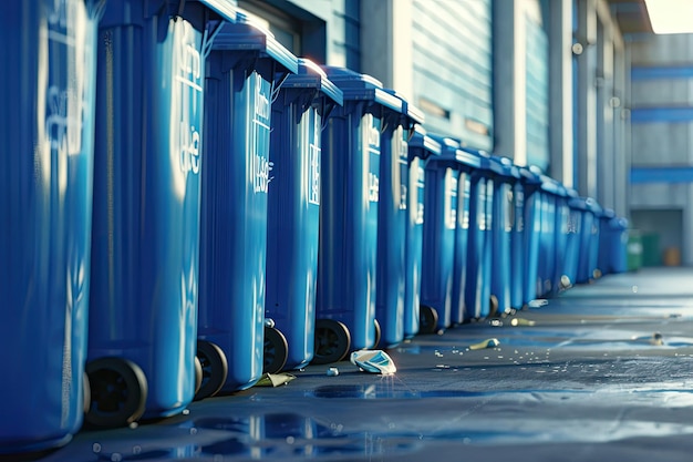 Photo a group of blue trash cans are lined up outside