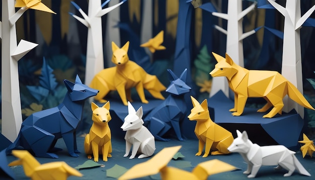 a group of blue and yellow animals with trees in the background