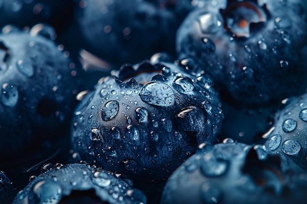 a group of blueberries with water droplets on them