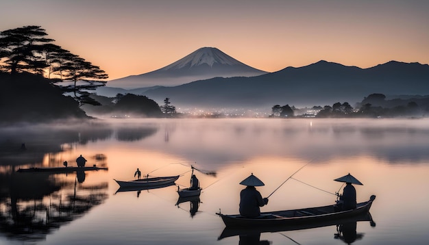 a group of boats are on a lake with a mountain in the background