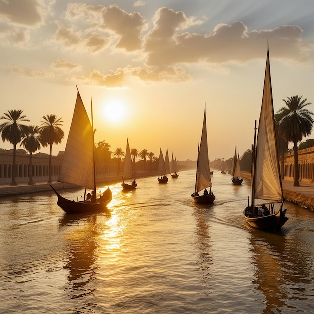 Photo a group of boats with the sun setting behind them