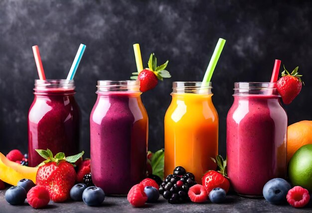 a group of bottles of fruit and berries are lined up on a black background