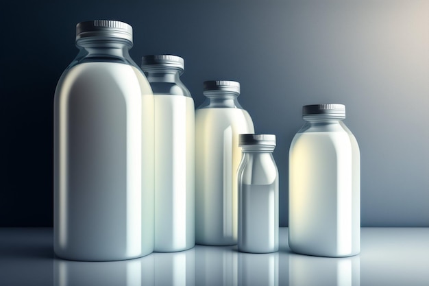 A group of bottles of milk are lined up against a dark background.