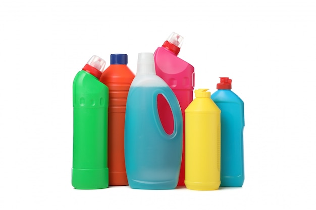 Group of bottles with detergent isolated on white