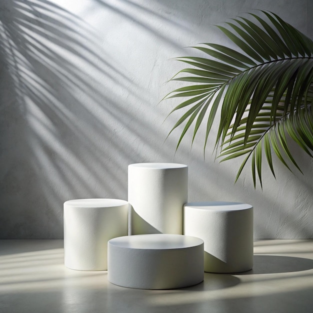 Photo a group of bowls is lined up in a room isolated product background with palm tree leaves