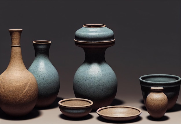 A group of bowls and a plate are on a table