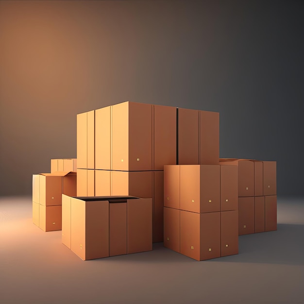 A group of boxes are stacked together in a room