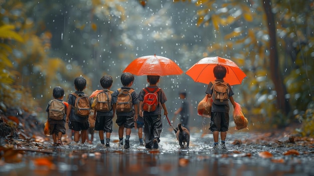 A group of boys and girls in uniform in the forest A boy and a girl are holding a red umbrella in their hands and a dog is going to school