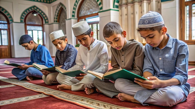 a group of boys reading books in a mosque