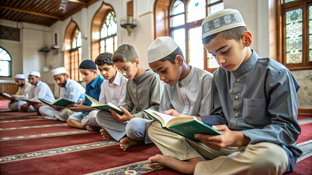 a group of boys reading books in a mosque