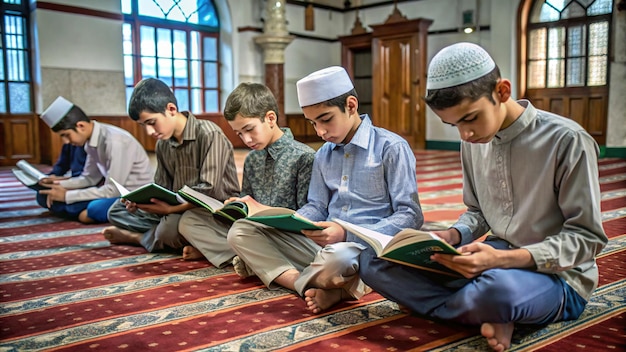 a group of boys reading books in a mosque