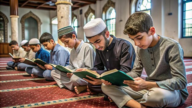 a group of boys reading books in a mosque