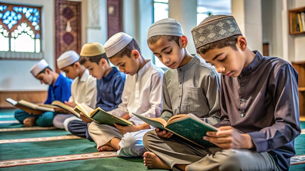 a group of boys reading books in a mosque