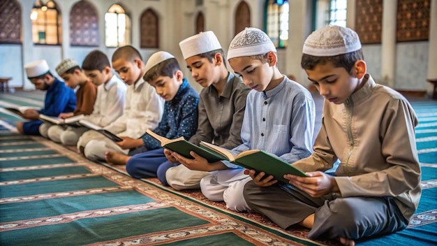 a group of boys reading religious books in a mosque