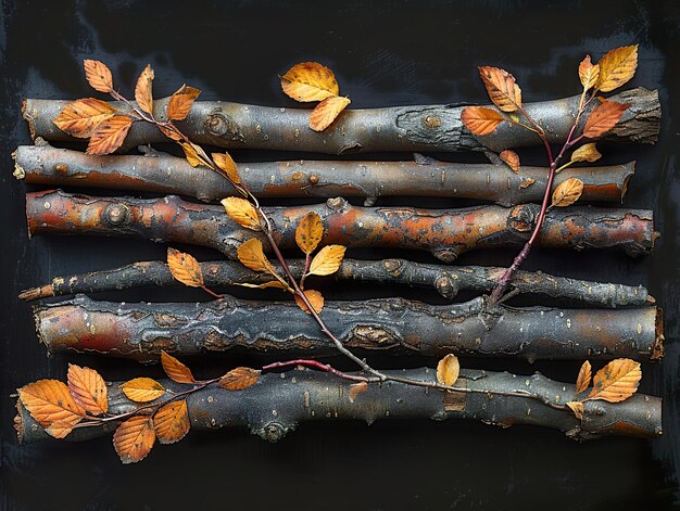 Photo a group of branches with orange leaves on them that have fallen from the tree