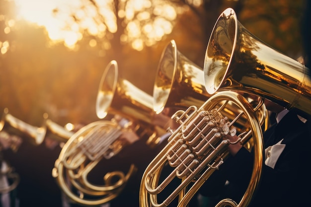 Photo a group of brass instruments sitting next to each other perfect for musicrelated projects