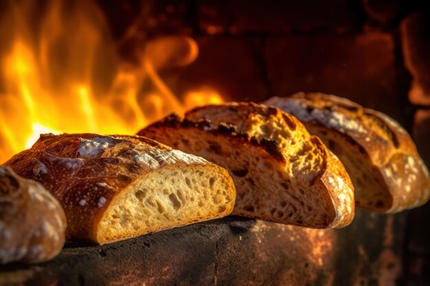 A group of breads sitting in an oven with a fire in the background