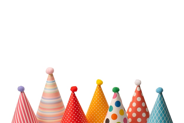 A group of bright and colorful birthday caps isolated on a white background